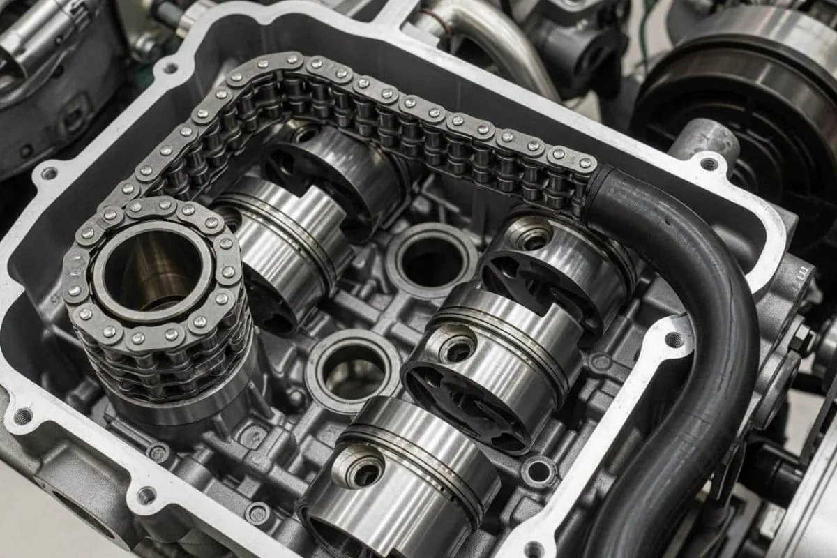 Chaîne de distribution et pistons d'un moteur en cours de démontage